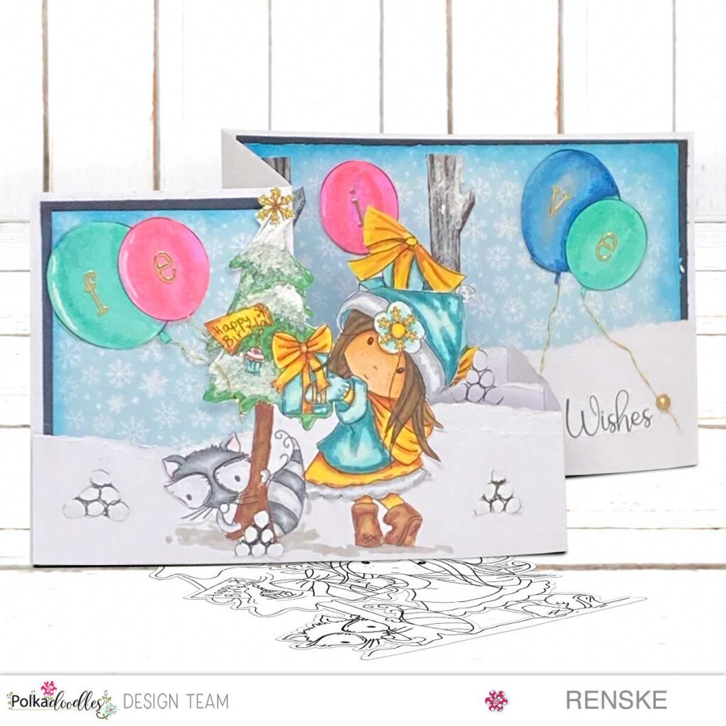 Handcrafted Christmas birthday card with Z-fold design and festive element, like balloons and presents.