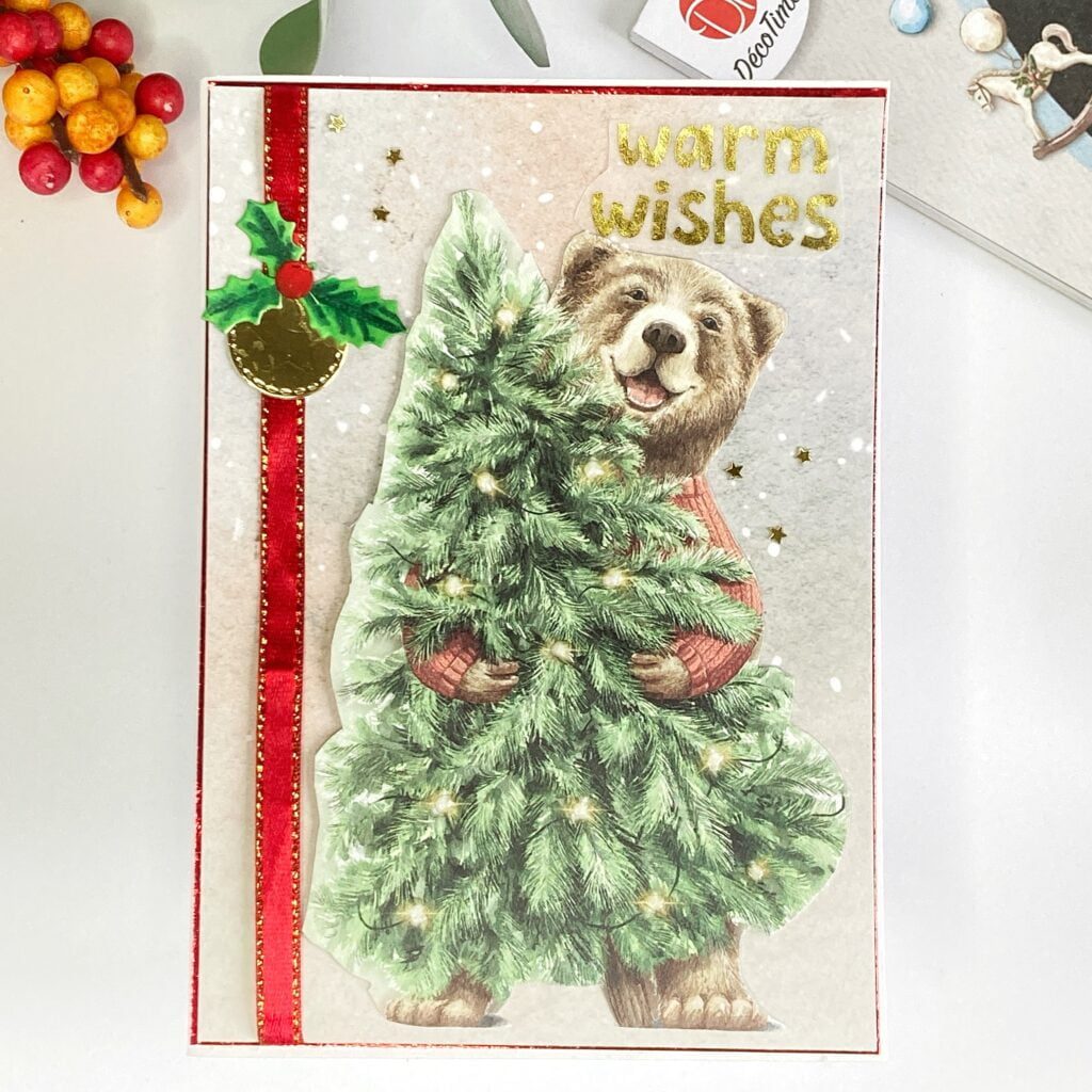 Handcrafted Holiday card with cheerful bear, Christmas Tree, Glossy accents. Step-by-step tutorial for easy DIY Holiday cards.