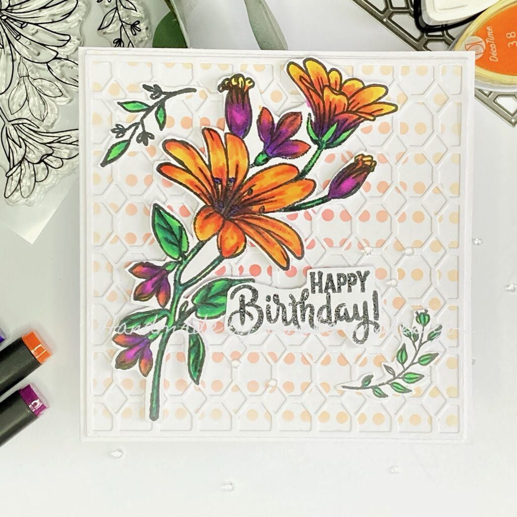 Floral Birthday Card - Complete Card Image showcasing vibrant purple and orange floral design and a happy birthday sentiment on a handmade card.
