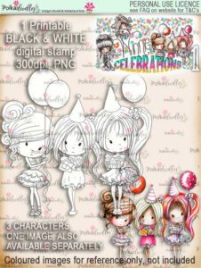 Picture of the product digital stamp From All of Us. A digital stamp with 3 girls holding balloons and presents.