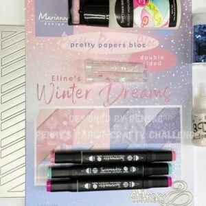 Materials used for the shaker slimline card tutorial: Angel Wings digital stamp, winter-themed paper block, sequins, markers, and dies.