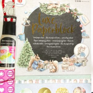 Photo of materials used for easy DIY holiday cards: themed paper block, Glossy Highlights, red ribbon with golden edges, buttons die, and holly leaves dies.