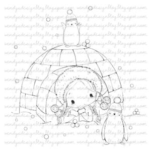 Digital stamp Penguin fun from all dressed up stamp. Girl in iglo watching the penguins.