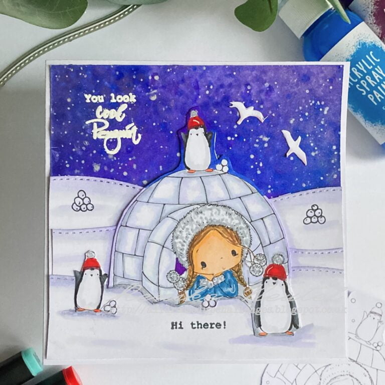 Handmade winter-themed card with a Penguin Fun theme, featuring a girl, penguins, igloo, and snowy landscape.
