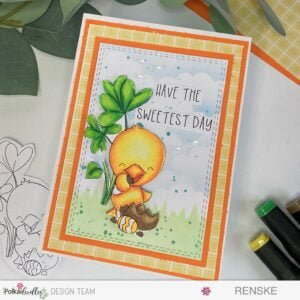 Alternate view of the Spring Chick Card, presenting the delightful chocolate-loving chick, heart-shaped leaves, and vibrant background from a unique perspective. Crafted with the Polkadoodles 'Chocolate Time Chick' digital stamp, 'Spring Gnomes' digital paper set, and 'Coffee, Tea, and Cake Greetings' sentiment set, this card radiates warmth and creativity, making it a perfect addition to your handmade card collection