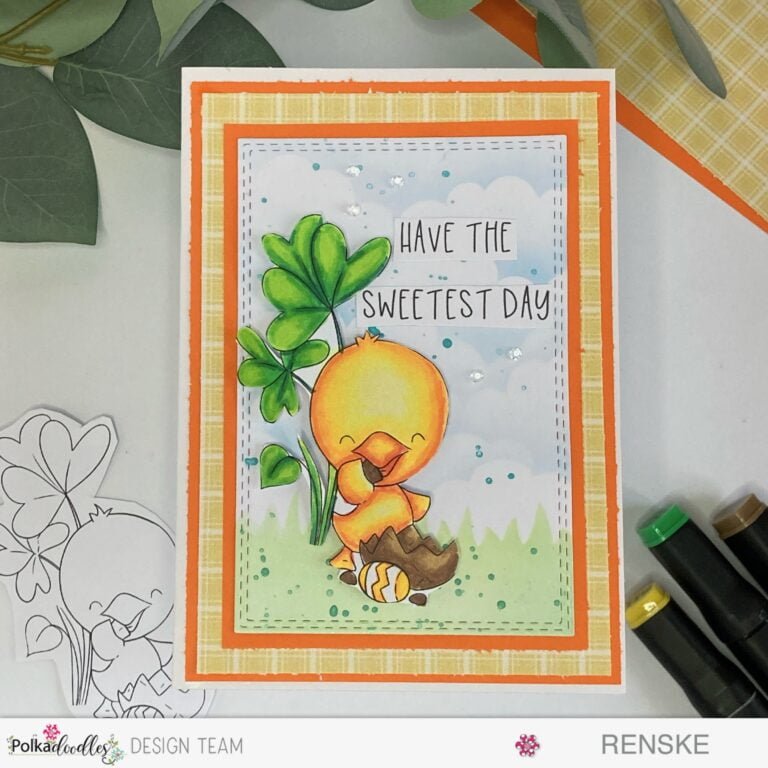 Spring Chick Card featuring a delightful chocolate-loving chick, surrounded by heart-shaped leaves and a vibrant background. Perfect for crafting and spreading joy. Crafted with the Polkadoodles 'Chocolate Time Chick' digital stamp, 'Spring Gnomes' digital paper set, and 'Coffee, Tea, and Cake Greetings' sentiment set.