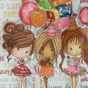 Close-up of the interactive slider mechanism on the Handmade Birthday Slider Card. The vibrant balloons emerge from behind the three girls, creating a dynamic and engaging element. The slider mechanism adds an interactive touch to the handmade card, making it a unique and visually appealing creation.