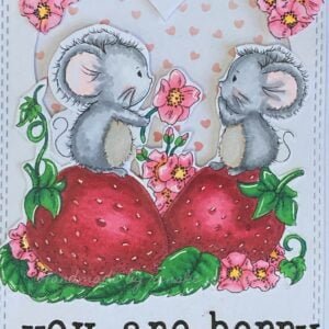 Close-up of coloured digital stamp featuring two mice seated on strawberries amidst flowers and leaves.