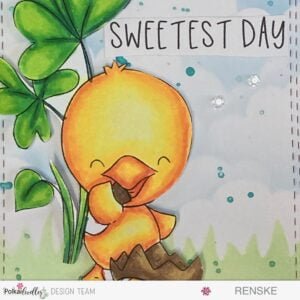 Close-up of a beautifully colored digital stamp featuring a cheerful chick enjoying chocolate, surrounded by heart-shaped leaves. This handmade Spring Chick Card is crafted with the Polkadoodles 'Chocolate Time Chick' digital stamp, showcasing vibrant colors and intricate details. Perfect for card-making and spreading joy during the spring season.