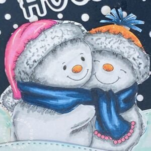 Close-up view of a beautifully colored digital stamp featuring two charming snowmen sharing a hug, adorned with vibrant scarves, hats, and delightful details.