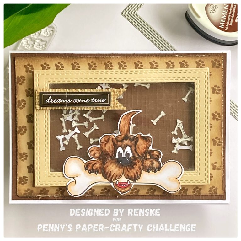 A dog shaker card with shaker bones behind the dog. In brown and beige colours.