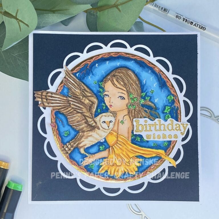 Create magic with this stunning handmade Fly High birthday card, featuring the enchanting digital stamp by Ching-Chou Kuik. The vibrant scene showcases a girl with an owl on her arm, surrounded by whimsical details against a deep blue sky backdrop. Perfect for inspiring creativity and celebrating special occasions