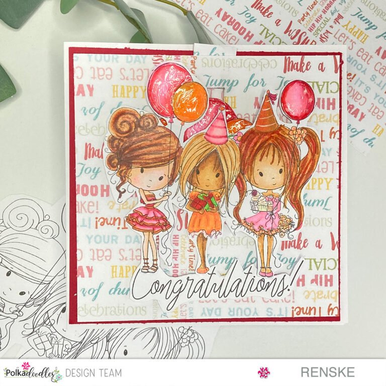 Handmade Birthday Slider Card showcasing three joyful girls in vibrant dresses, holding balloons and gifts. The interactive slider mechanism reveals a bunch of colorful balloons rising behind the girls. The scene is set against a backdrop of cheerful Polkadoodles patterned paper in shades of pink, red, and orange. A 'Congratulations' sentiment adds the perfect finishing touch to this festive and dynamic birthday card. The slider is on this picture closed.