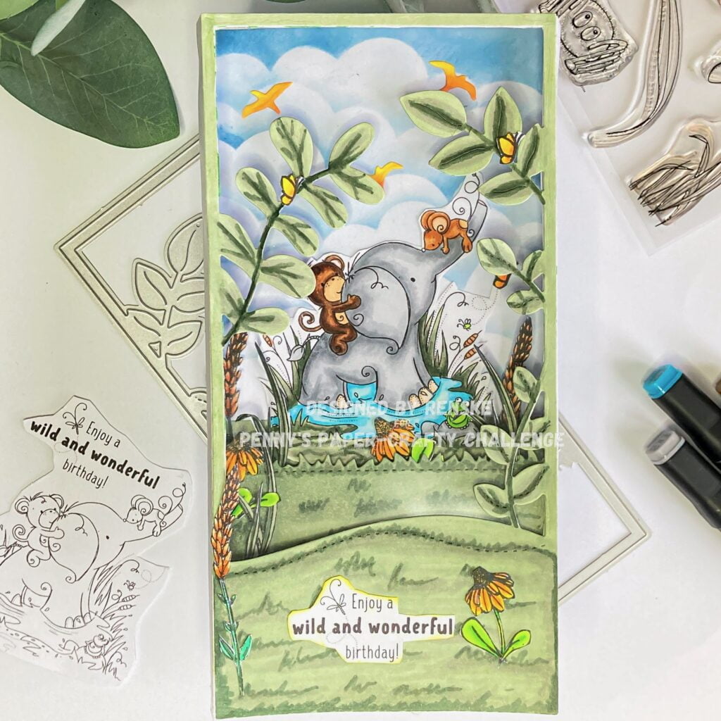 a card with a picture of an elephant and a monkey