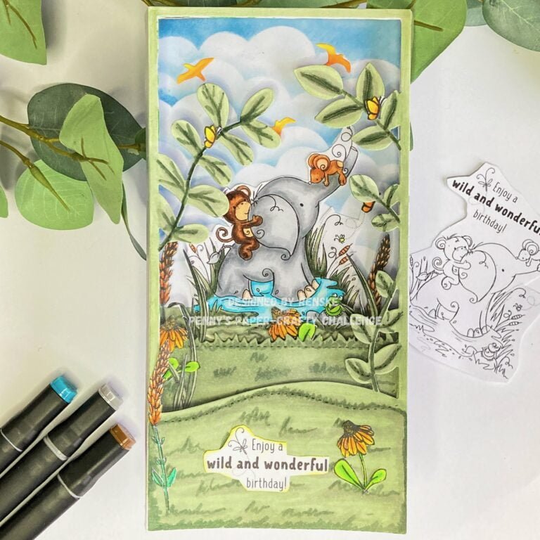Safari-themed Slimline Shadow Box Card featuring a jungle scene with animals, grass, and vibrant colors.