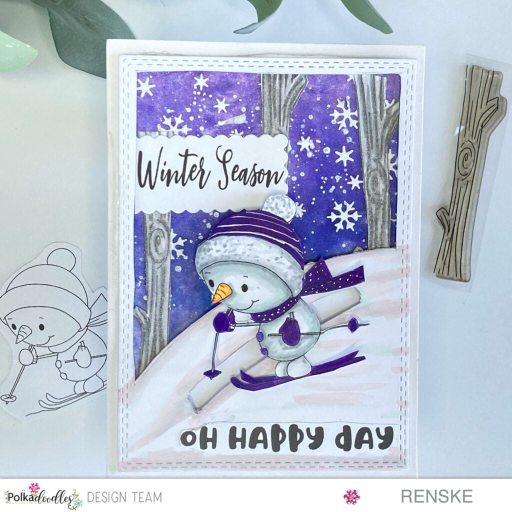 Snowman Slider Card - Winter Scene with Snowman midway through the sliding groove, crafted using Polkadoodles products. A whimsical and festive handmade creation.