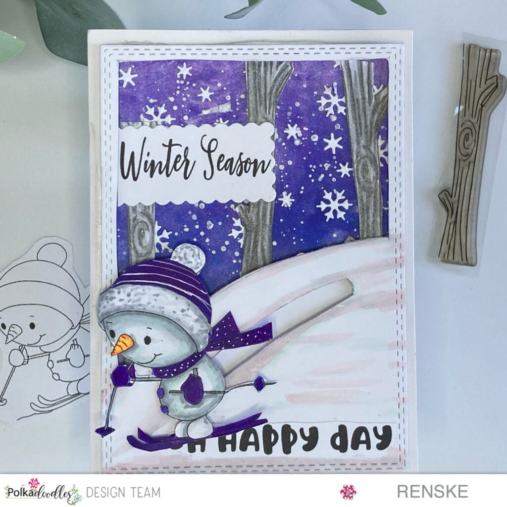 Snowman Slider Card - Winter Scene with Snowman midway through the sliding groove, crafted using Polkadoodles products. A whimsical and festive handmade creation.