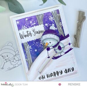 Snowman Slider Card - Unique Winter Greeting with a charming snowman on skis. Handmade using Polkadoodles products for a festive touch and joyful slider movement