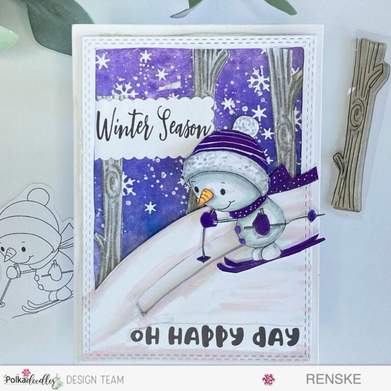 Snowman Slider Card featuring a charming winter scene. The card showcases a delightful snowman positioned at the beginning of the sliding groove, ready for a winter adventure. Handcrafted with Polkadoodles products.