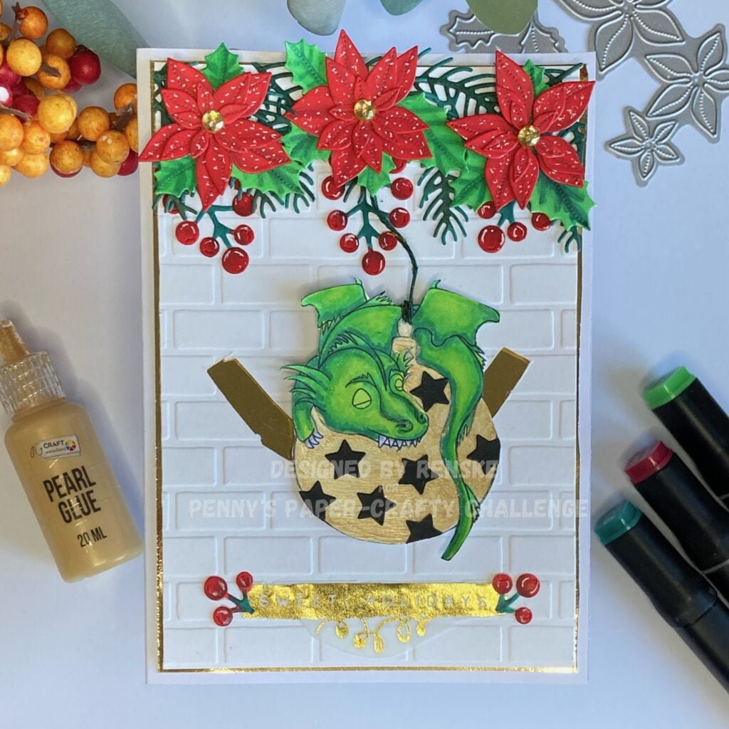 Slider Christmas Card featuring a festive dragon on a Christmas bauble, set against a rustic stone wall background with embellishments of poinsettia flowers, pine needles, and holly leaves. Crafted with love for a magical holiday season.