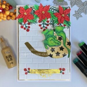 Slider Christmas Card with a whimsical dragon sliding on a Christmas bauble, positioned to the right for a playful touch. Adorned with poinsettia flowers, pine needles, and holly leaves against a charming stone wall background, creating a delightful festive scene.
