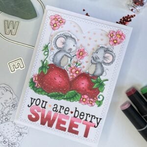 Alternate angle view of the complete handmade Valentine's Day Card featuring adorable mouse and strawberry design.