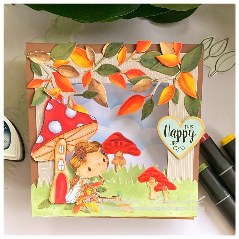 Shadow Box card with the digital stamp Toad Stall. A girl sitting against a mushroom surrounded by fall leaves.