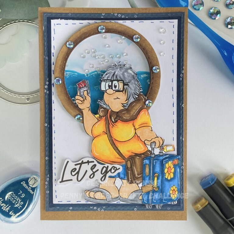A handmade travel shaker card featuring a digital stamp of a traveler with suitcases and tickets, set against a backdrop of ocean waves and fluffy clouds.