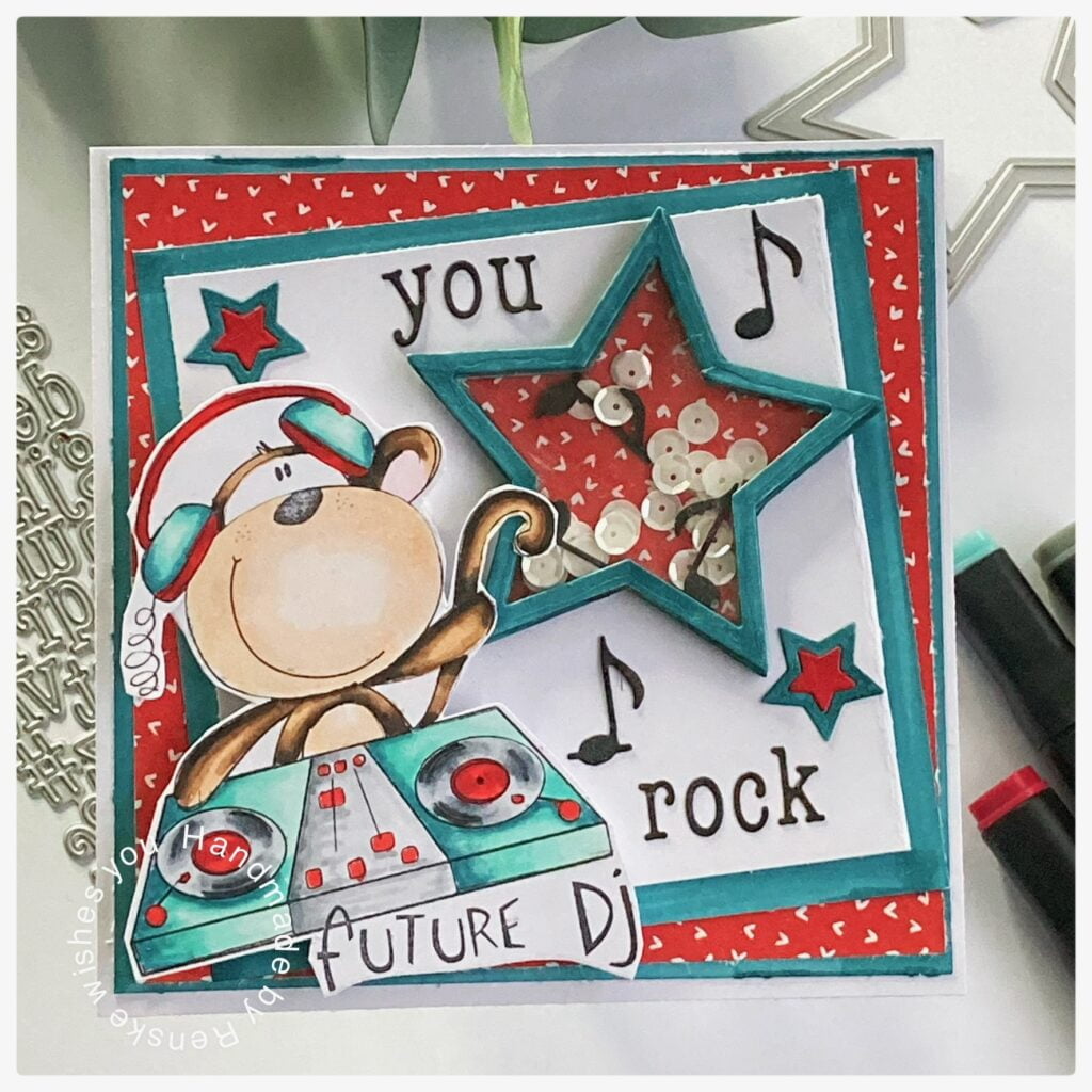 A shaker card with a monkey as dj with the tekst You Rock