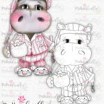 Hippo Helga bedtime digital stamp Picture of the product Helga Bedtime Digital stamp from Polkadoodles. Showing a Hippo in pyama's with hot chocolate.
