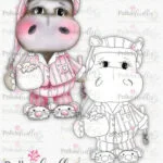 Hippo Helga bedtime digital stamp Picture of the product Helga Bedtime Digital stamp from Polkadoodles. Showing a Hippo in pyama's with hot chocolate.