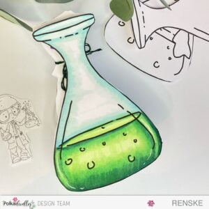 ck of a handmade card in bottle shape, mainly green with blue accents, surrounded by printed digital stamps
