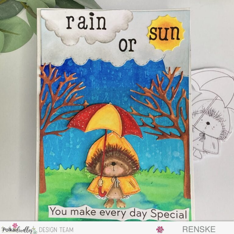 Captivating hedgehog card tutorial showcasing a delightful hedgehog digital stamp holding an umbrella, set against a lively rainy background with trees and the sentiment 'Rain or Sun, you make every day special.' Ideal for those seeking inspiration for creating handmade hedgehog-themed greetings with step-by-step instructions.