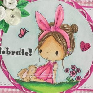 Bunny Hairband All Dressed up stamps close up picture coloured digital stamp Close-up of coloured Bunny Hairband digital stamp: This close-up image focuses on the coloured Bunny Hairband digital stamp, showcasing the intricate details of the design. The adorable bunny character is surrounded by spring-themed elements, such as flowers and butterflies, all meticulously coloured with alcohol markers. This photo highlights the vibrant colours and expert colouring technique used to bring the digital stamp to life, making it a focal point of the handmade spring card.