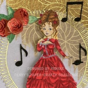 Close up digital stamp, music notes and sticker roses A close-up shot capturing the colored digital stamp surrounded by musical notes and rose stickers, adding dimension and elegance to the card. The card's color palette of gold, black, and pink shines through, enhancing the overall sophistication of the design
