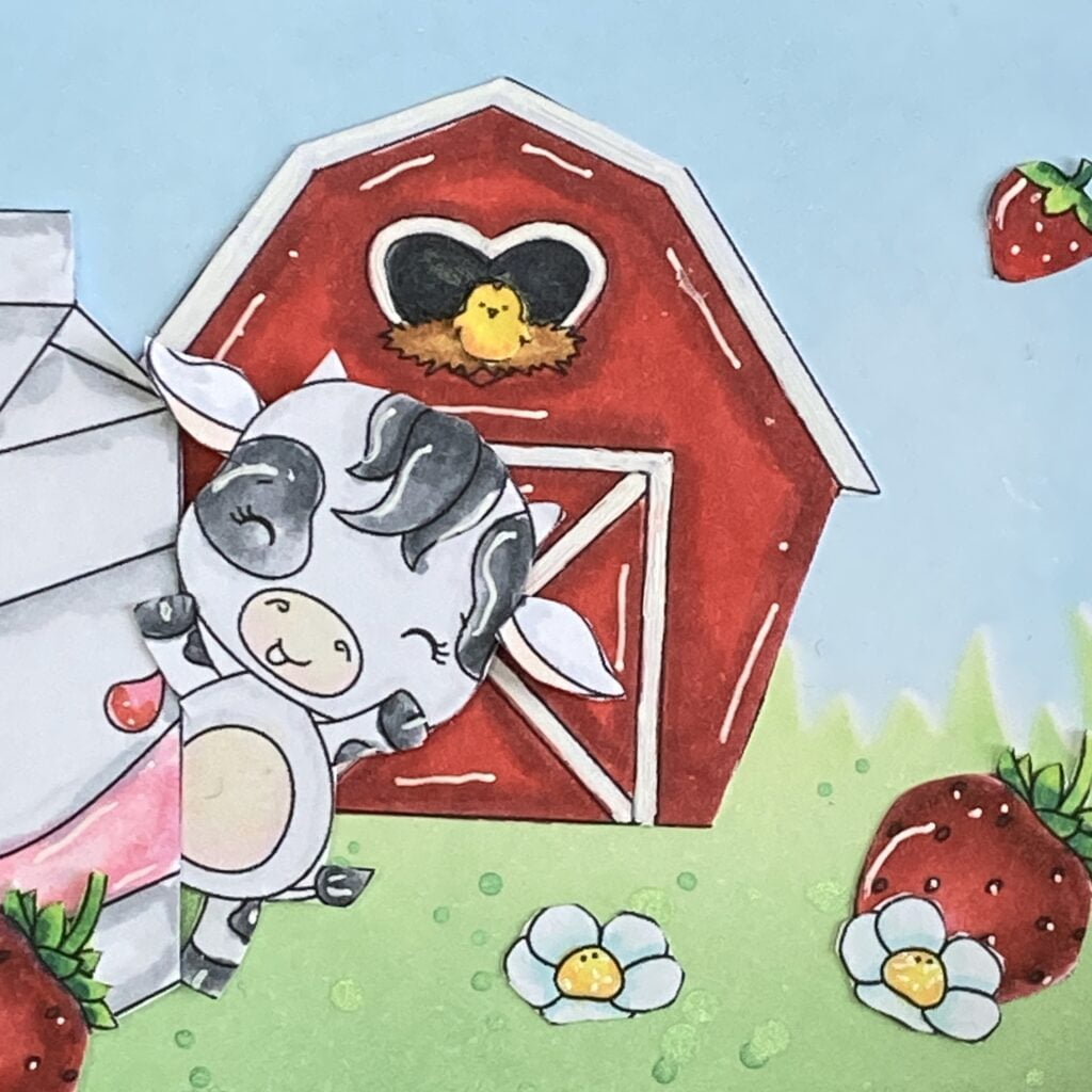 Close up picture cow with barn A close-up photo of the colored digital stamp showing a cow waving in front of a barn. The cow is colored with shades of gray and brown, and the barn is colored with shades of red.