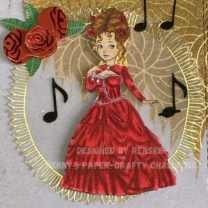 Close up picture of the coloured digital stamp Era Elegant Muse A close-up of the Elegant Era Muse digital stamp on a handmade thank you card, meticulously colored with markers to highlight its intricate details. The stamp depicts a woman in a vibrant red dress against a golden backdrop, complemented by carefully crafted musical notes and rose stickers.