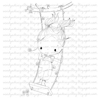 Daisy Daisy digital stamp from All Dressed Up Stamps. A girl swinging on a swing set.