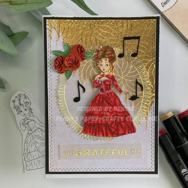 A top-down view of an elegant handmade thank you card displayed on a patterned background, featuring the Elegant Era Muse digital stamp as the focal point. The card boasts a color scheme of gold, black, and red, with a woman adorned in a red dress set against a golden background.