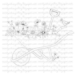 Garden wheel barrow Garden wheel barrow digital stamp from All Dressed Up Staps. A wheel barrow filled with flowrs and a shovel.