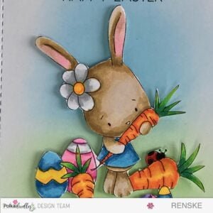 Close up picture digital stamp Bunny Rabbit with spring carrot Polkadoodles lose-up image of the colored digital stamp 'Bunny Rabbit with Spring Carrots' featured on a simple Easter card. The bunny is beautifully colored with hazelwood, brown grey, and walnut tones, surrounded by colorful Easter eggs and springtime foliage.
