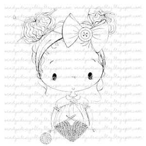 Picture of the digital stamp Love to knit. Showcasing a card a girl knitting.