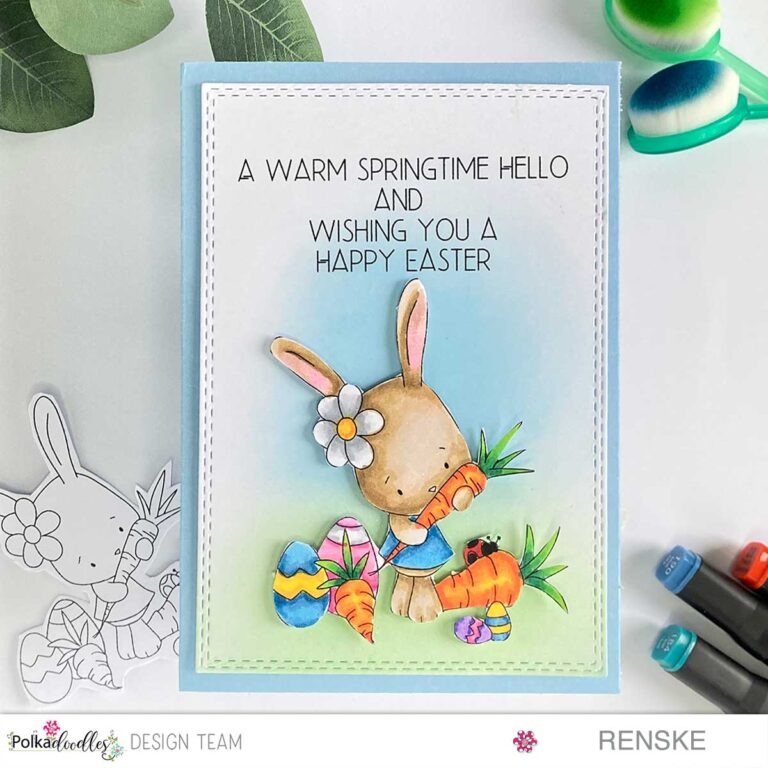 Top-down view of a simple Easter card featuring a charming bunny rabbit with spring carrots digital stamp, surrounded by vibrant spring colors and heartfelt Easter greetings. This simple Easter card is perfect for spreading joy and cheer to loved ones.