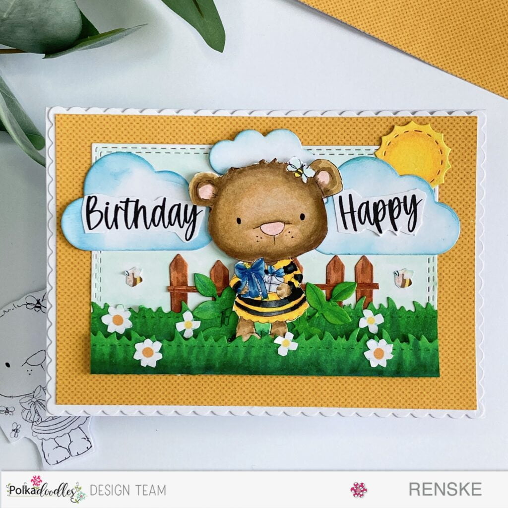 Spring Birthday card with the mistake I made. The sentiment on the card says here Birthday Happy