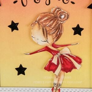 Close up Picture coloured digital stamp Take a Bow All Dressed up stamps An exquisite close-up of the coloured digital stamp of a ballerina on the handmade ballerina card. The ballerina is beautifully coloured with vibrant hues. She wears a beautiful red dress and a cream bow.