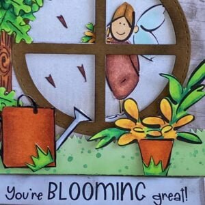 Close up coloured digital stamps Lucy Monkman Polkadoodles Close-up of the coloured digital stamps, including the girl with flowers and bow, watering can, and plant, with the sentiment 'You're blooming great' prominently featured