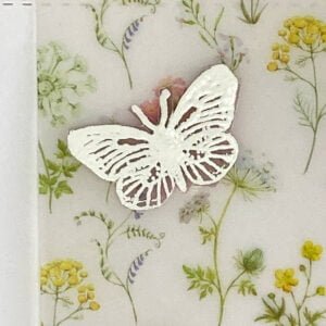 Close up picture embossed butterfly on pink vellum Close-up photo of the embossed butterfly on pink vellum, showcasing the delicate details and elegance of vellum in card-making.