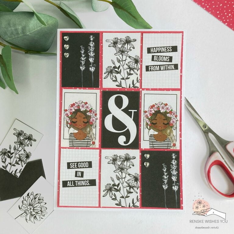 Overhead view of the complete simple collage card, featuring vibrant and colorful design elements including whimsical illustrations, floral patterns, and uplifting messages.