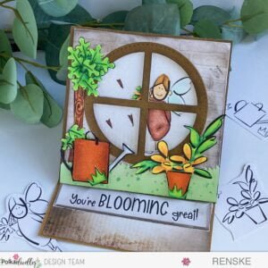 Easel Card Lucy Monkman Polkadoodles Overhead view of the completed easel card featuring intricate details such as the window, digital stamps, and sentiment, crafted with love for our easel card tutorial