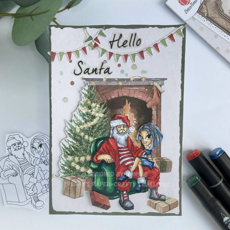 Overhead view of the Easy DIY Santa Card showcasing the complete design with the focus on the festive scene, including Santa, Jordan, and Christmas decorations.